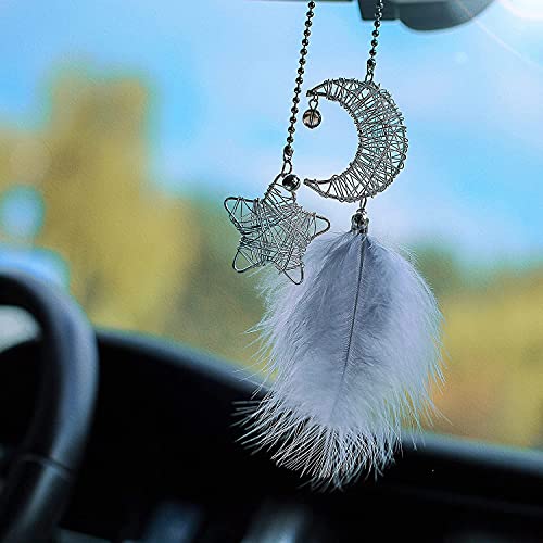 車ペンダント ルームミラー アクセサリー スタームーンドリームキャッチャー 車内 アクセサリー 車 ドレスアップ 車 飾り 車用品 カーアクセサリー 車内 バックミラー 車内装飾 羽飾り 風鈴 贈り物 (グレー)